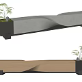 Outdoor Chair Featuring Concrete and Wooden Wavy Design with Small Planter Holding Green Plants