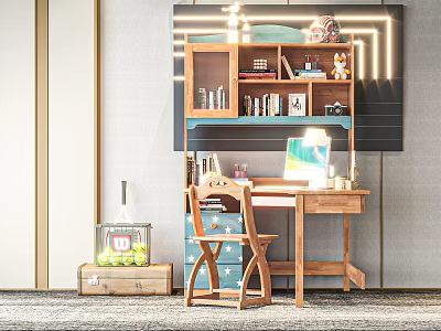 Modern Study Room Interior With Wooden Desk Bookshelf Chair Table Lamp And Decorations 3d model