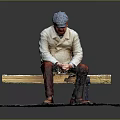Man Sitting On Wooden Bench With Light Colored Coat Red Pants And Brown Shoes