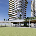Modern High Rise Residential Towers With Swimming Pool And Greenery Under Blue Sky