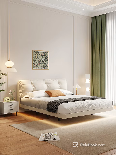 White Upholstered Double Bed with White Brown Pillows Nightstand and Green Curtains 3d model 