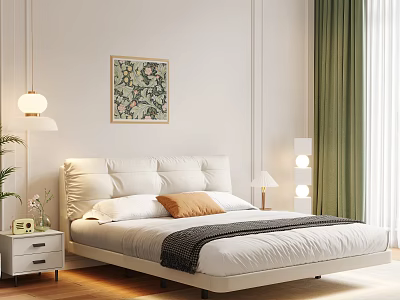White Upholstered Double Bed with White Brown Pillows Nightstand and Green Curtains 3d model