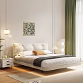 White Upholstered Double Bed with White Brown Pillows Nightstand and Green Curtains