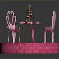 Pink Round Dining Table Set With Two Chairs Desserts And Teacups On Round Platform 3d model