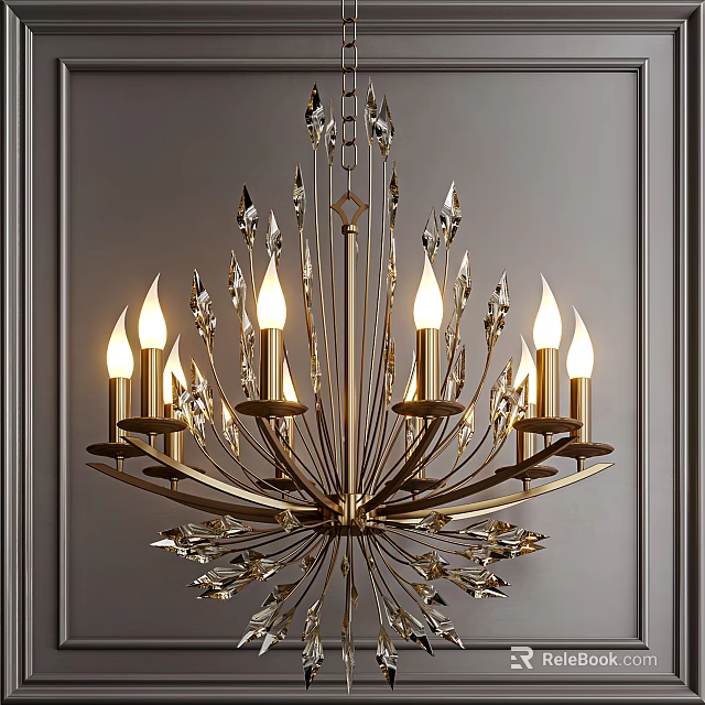 Elegant Golden Chandelier With Crystal Decorations And Candle Shaped Bulbs On Grey Wall 3d model 