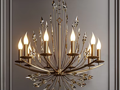 Elegant Golden Chandelier With Crystal Decorations And Candle Shaped Bulbs On Grey Wall 3d model