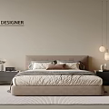 Designer Double Bed with Upholstered Headboard Pillows and Bedding in Modern Bedroom Interior