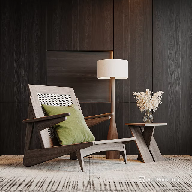 Comfortable Lounge Chair With Green Cushion Floor Lamp And Side Table By Dark Wooden Wall 3d model 