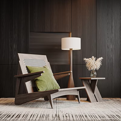 Comfortable Lounge Chair With Green Cushion Floor Lamp And Side Table By Dark Wooden Wall 3d model