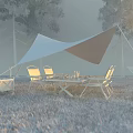 Outdoor Table with Metal Chairs White Canopy Grass Area Lake View Sunset Sky