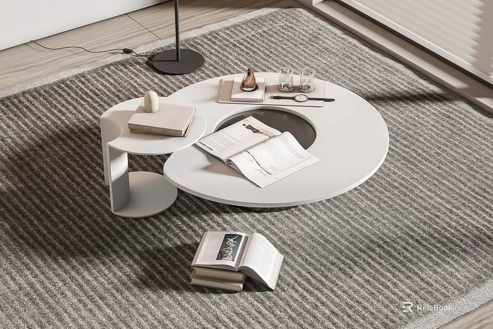 Modern Round Coffee Table Design With Open Books And Decorative Items On Carpet 3d model