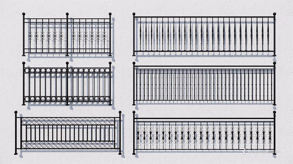 Various Metal Fence Designs With Ornate Patterns And Vertical Bars 3d model 