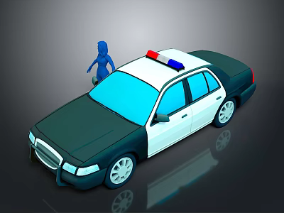 3D Police Car Model With Red And Blue Lights And Blue Figure Standing On Roof 3d model