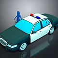 3D Police Car Model With Red And Blue Lights And Blue Figure Standing On Roof
