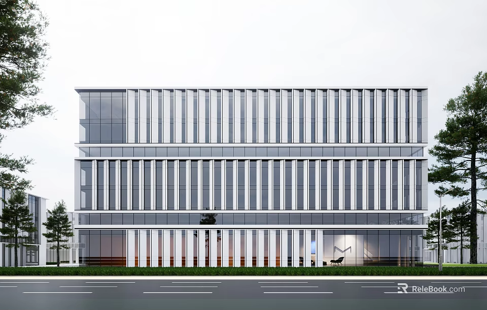 Modern Multi Story Industrial Factory Building With Glass Curtain Walls And Metal Frames 3d model 