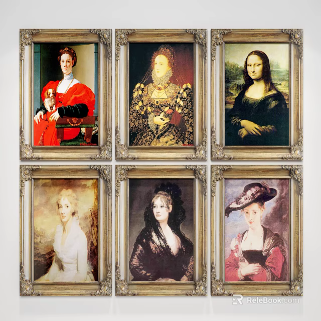 Vintage Gold Framed Female Portrait Paintings Collection With Various Classic Styles 3d model 