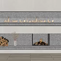 Modern Stone Fireplace With Long Linear Design Firewood Vase And Burning Flames