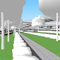 Modern Curved Roof Building Exterior With Landscaping Trees And Water Area