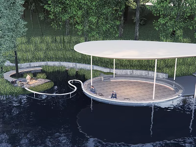 Circular Pergola With White Roof Wooden Floor By Water Benches Surrounded By Trees And Grass 3d model