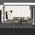 Modern Living Room Interior With White Sofa Black And White Geometric Rug And Abstract Painting