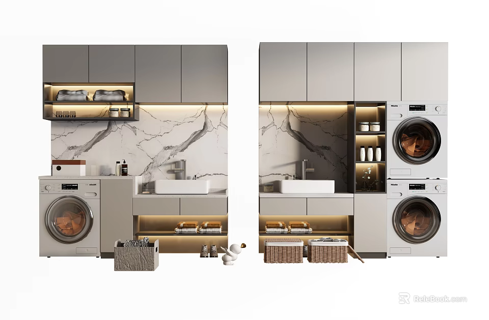 Modern Bathroom Cabinet Rack With Washing Machine Dryer Marble Countertop Sink Storage Drawers And Lighting 3d model 