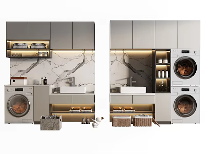 Modern Bathroom Cabinet Rack With Washing Machine Dryer Marble Countertop Sink Storage Drawers And Lighting 3d model