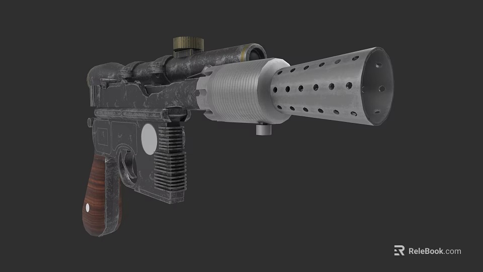 Sci Fi Pistol With Wooden Grip Metal Body And Perforated Barrel Scope 3d model 
