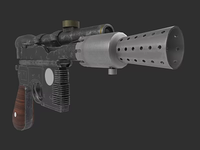 Sci Fi Pistol With Wooden Grip Metal Body And Perforated Barrel Scope 3d model