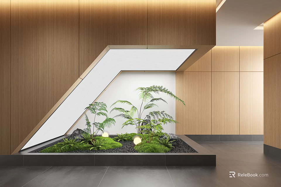 Indoor Landscape Interior Design With Embedded Green Plants Wooden Walls Lighting Moss And Pebbles 3d model 