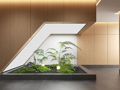 Indoor Landscape Interior Design With Embedded Green Plants Wooden Walls Lighting Moss And Pebbles 3d model