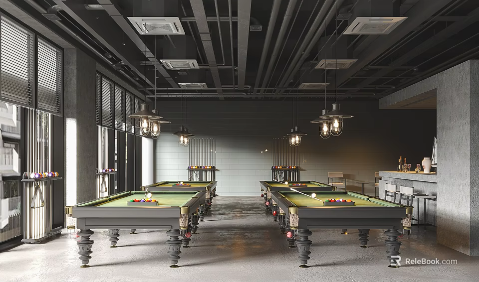 Spacious Modern Billiard Room With Multiple Pool Tables Pendant Lights And Bar Counter 3d model 