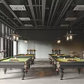 Spacious Modern Billiard Room With Multiple Pool Tables Pendant Lights And Bar Counter