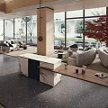 Elegant Modern Hotel Lobby Interior With Arched Design Wooden Elements And Green Plants