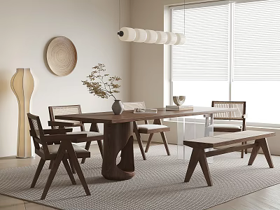 Modern Wooden Dining Table Set With Unique Leg Design Chairs Bench Bright Window Blinds 3d model