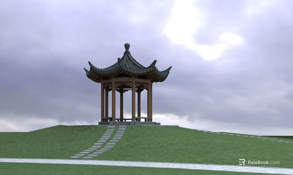 Chinese Style Pavilion On Green Hillside With Stone Steps And Cloudy Sky 3d model 