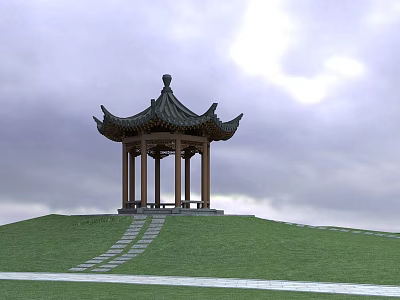 Chinese Style Pavilion On Green Hillside With Stone Steps And Cloudy Sky 3d model