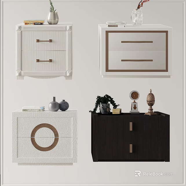 Various Nightstand Designs with Drawers Decorative Elements Vases and Plants 3d model