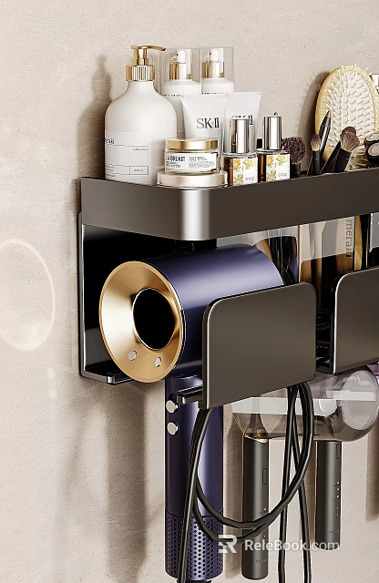 Modern Wall Mounted Shelf With Purple Hair Dryer And Gold Accent Storage Compartments 3d model 