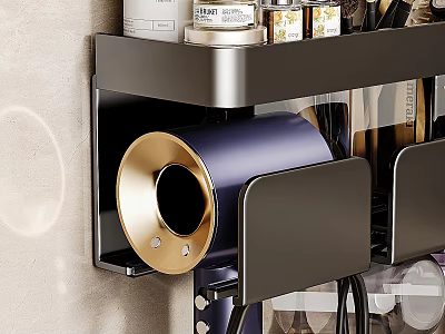 Modern Wall Mounted Shelf With Purple Hair Dryer And Gold Accent Storage Compartments 3d model