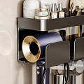 Modern Wall Mounted Shelf With Purple Hair Dryer And Gold Accent Storage Compartments