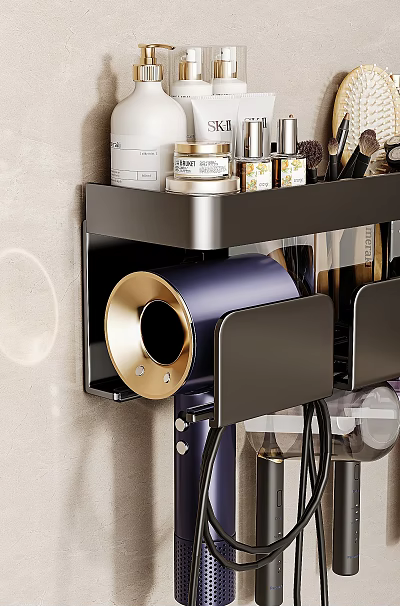 Modern Wall Mounted Shelf With Purple Hair Dryer And Gold Accent Storage Compartments 3d model