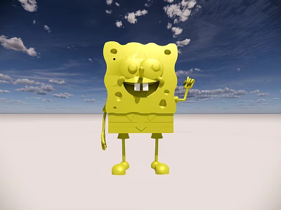 Happy Yellow SpongeBob Character Waving Against Blue Sky And White Ground 3d model
