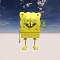 Happy Yellow SpongeBob Character Waving Against Blue Sky And White Ground