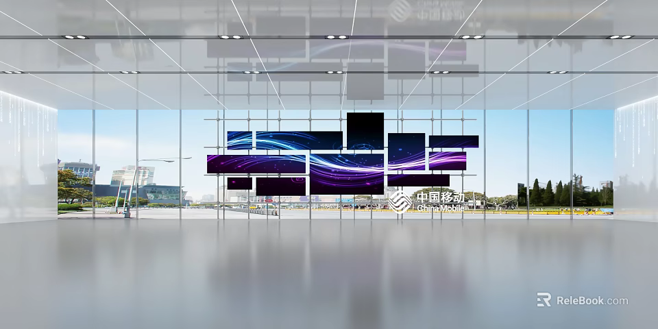 Modern Technology Exhibition Hall with Glass Curtain Wall Spliced Screens and Dynamic Flowing Lines 3d model 