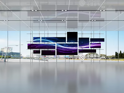 Modern Technology Exhibition Hall with Glass Curtain Wall Spliced Screens and Dynamic Flowing Lines 3d model