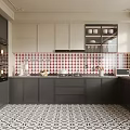 Modern Kitchen Interior With Red White Tiled Backsplash Black White Patterned Floor Cabinets And Refrigerator 3d model