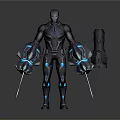 Armored Robot Character With Blue Glowing Accents And Swords Near Creature
