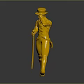 Golden Human Statue With Top Hat Decorated Coat Holding Cane On Black Background With Reflection