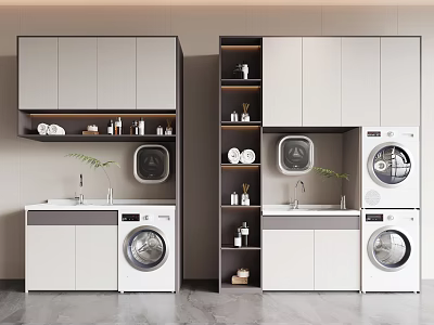 Modern Bathroom Cabinetry with Sink Mirror Washing Machine and Storage Shelves 3d model