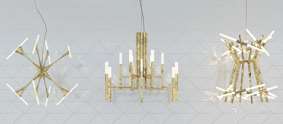 Modern Golden Chandelier With Multiple Arms And Candle Bulbs On White Geometric Wall 3d model 